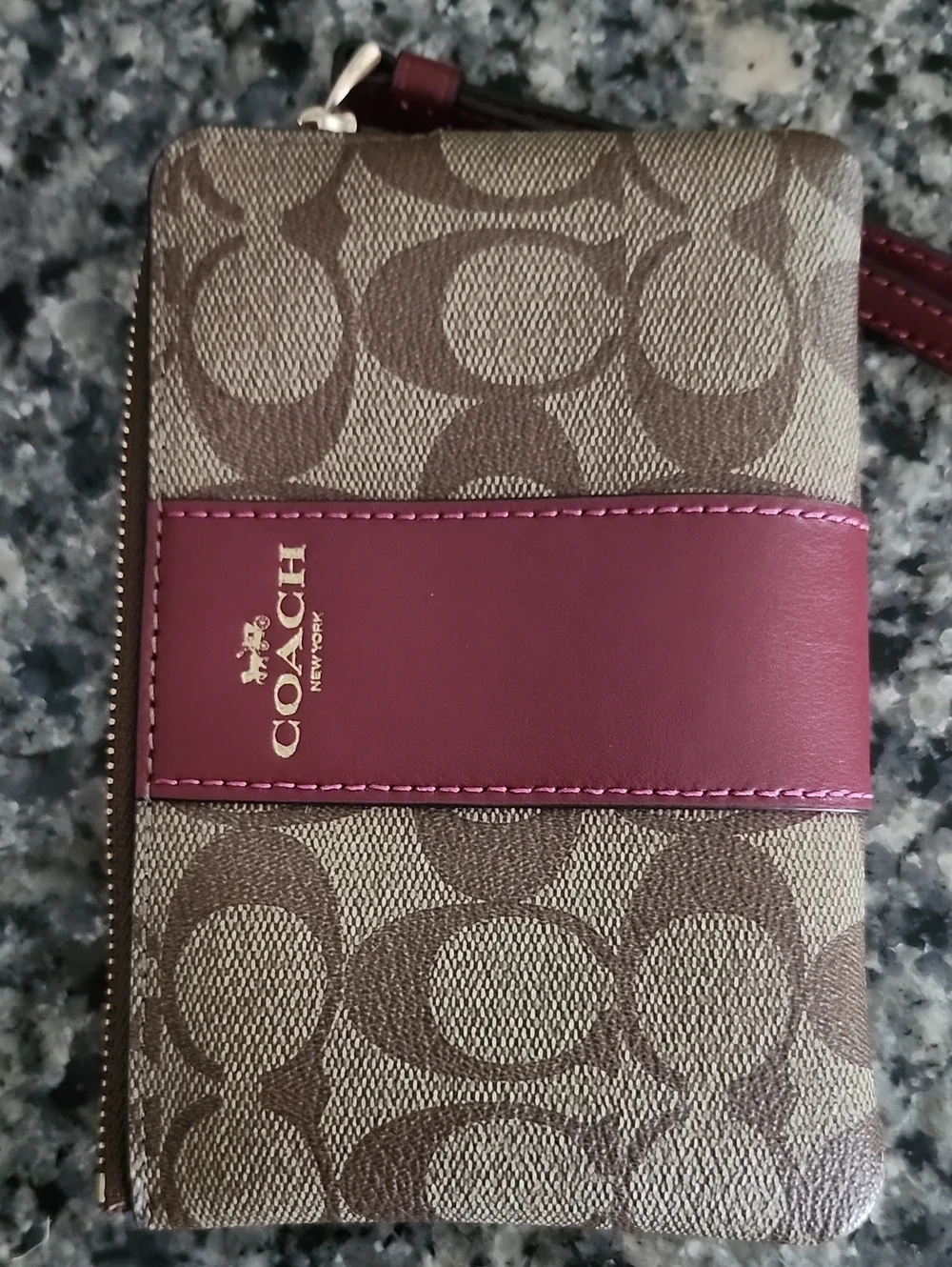 Coach Corner Zip Wristlet In Khaki Signature Coated Canvas With Red Accent